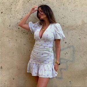 Zara Checkered Draped Dress with Puff Sleeves